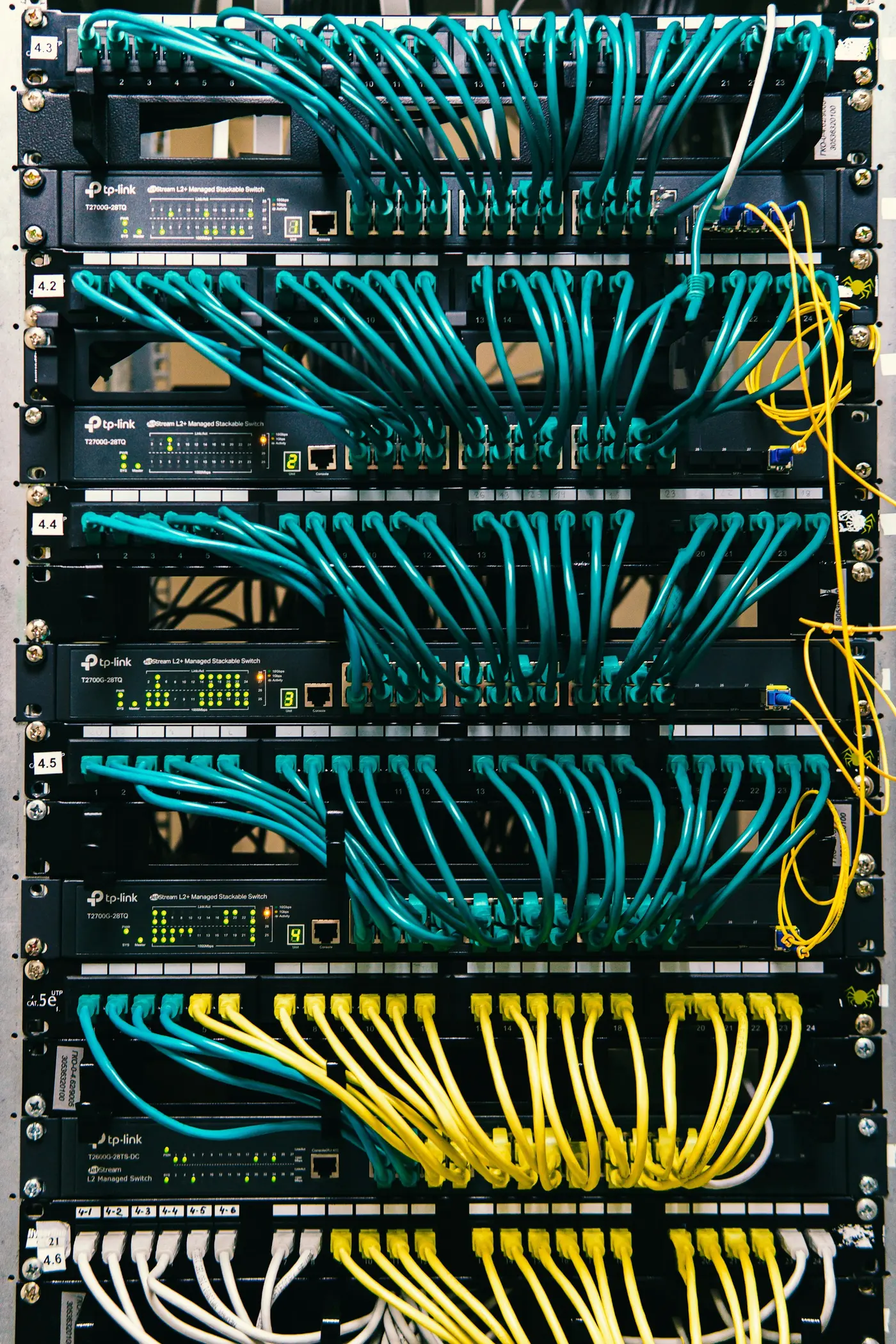 Industrial network rack with structured cabling and switches