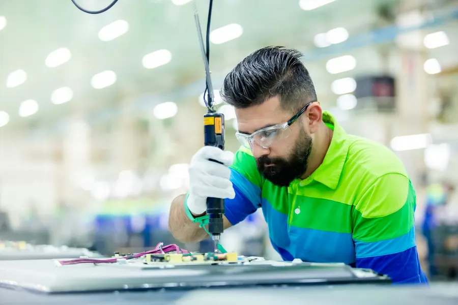 Technician using precision tools to diagnose industrial electronics on the production floor